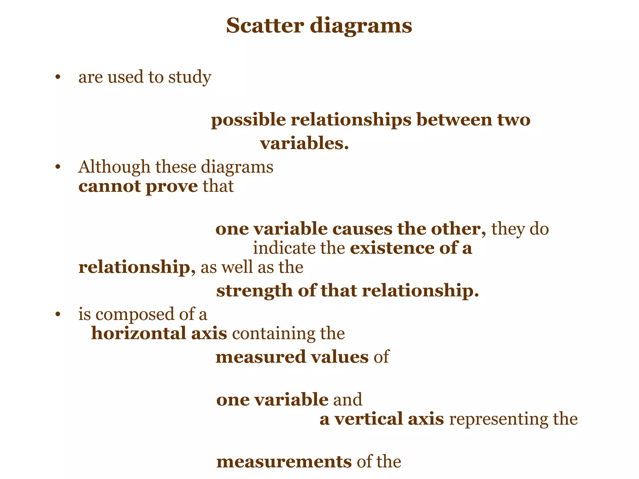 Scatter diagrams

• are used to study

                  possible relationships between two
                        variables.
• Although these diagrams
  cannot prove that

                   one variable causes the other, they do
                       indicate the existence of a
  relationship, as well as the
                   strength of that relationship.
• is composed of a
    horizontal axis containing the
                   measured values of

                      one variable and
                                 a vertical axis representing the

                      measurements of the
 
