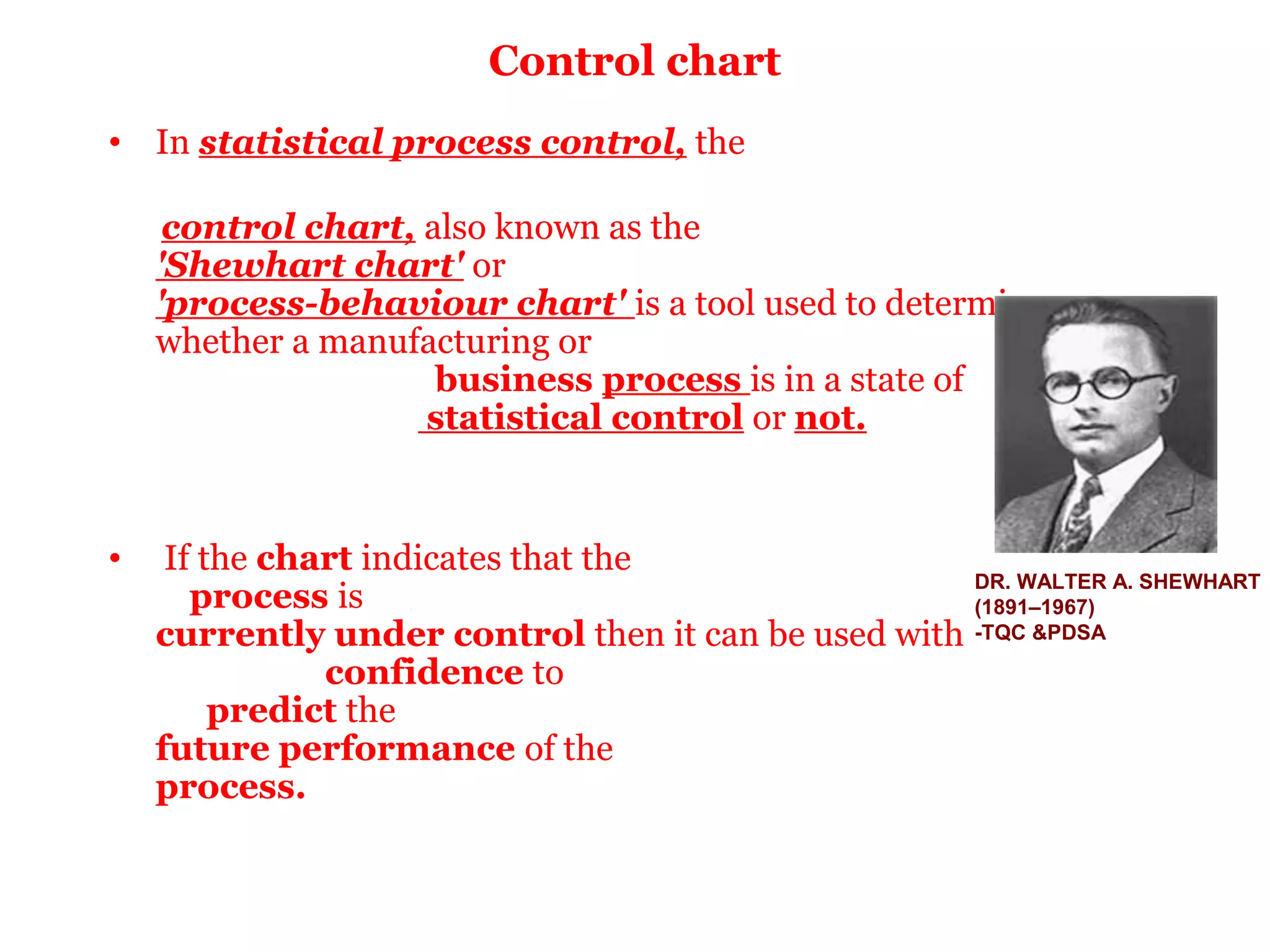 Control chart
• In statistical process control, the

     control chart, also known as the
    'Shewhart chart' or
    'process-behaviour chart' is a tool used to determine
    whether a manufacturing or
                     business process is in a state of
                    statistical control or not.


•    If the chart indicates that the
                                                     DR. WALTER A. SHEWHART
       process is                                    (1891–1967)
    currently under control then it can be used with -TQC &PDSA
               confidence to
         predict the
    future performance of the
    process.
 