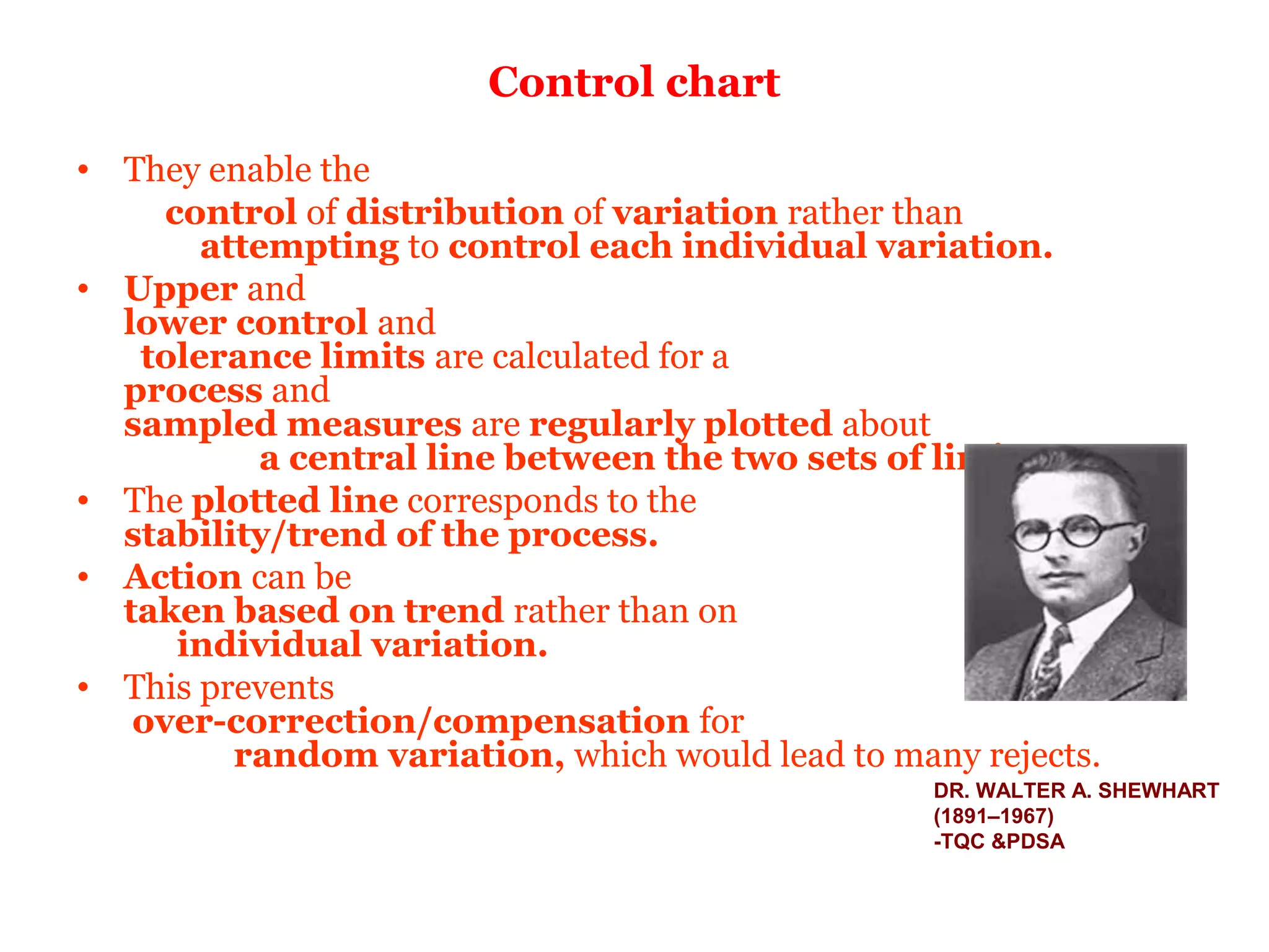 Control chart
• They enable the
     control of distribution of variation rather than
       attempting to control each individual variation.
• Upper and
  lower control and
   tolerance limits are calculated for a
  process and
  sampled measures are regularly plotted about
           a central line between the two sets of limits.
• The plotted line corresponds to the
  stability/trend of the process.
• Action can be
  taken based on trend rather than on
      individual variation.
• This prevents
   over-correction/compensation for
         random variation, which would lead to many rejects.
                                                  DR. WALTER A. SHEWHART
                                                  (1891–1967)
                                                  -TQC &PDSA
 