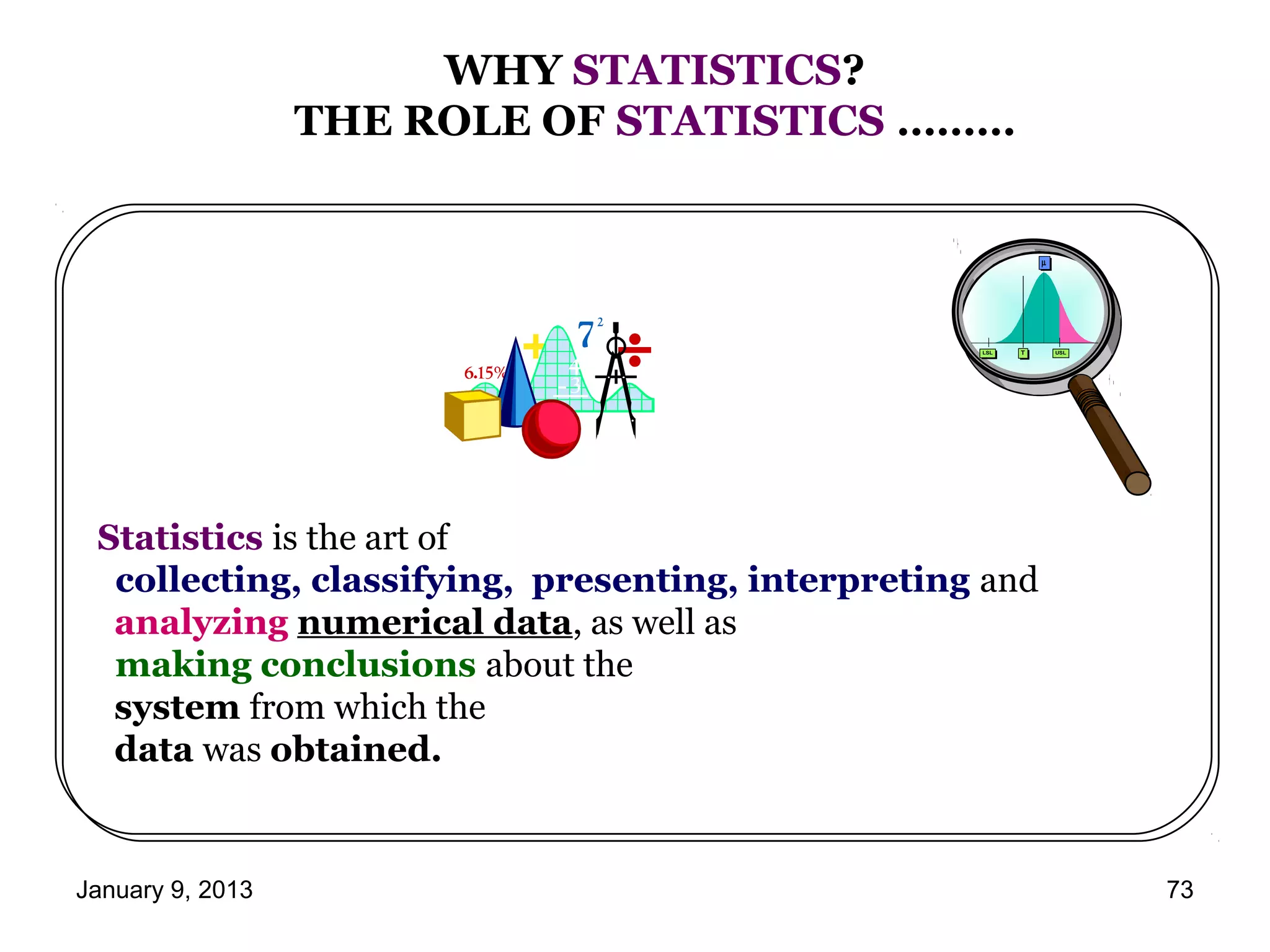 WHY STATISTICS?
                  THE ROLE OF STATISTICS ………


                                                             µ




                                                   LSL   T       USL




 Statistics is the art of
  collecting, classifying, presenting, interpreting and
  analyzing numerical data, as well as
  making conclusions about the
  system from which the
  data was obtained.


January 9, 2013                                                        73
 