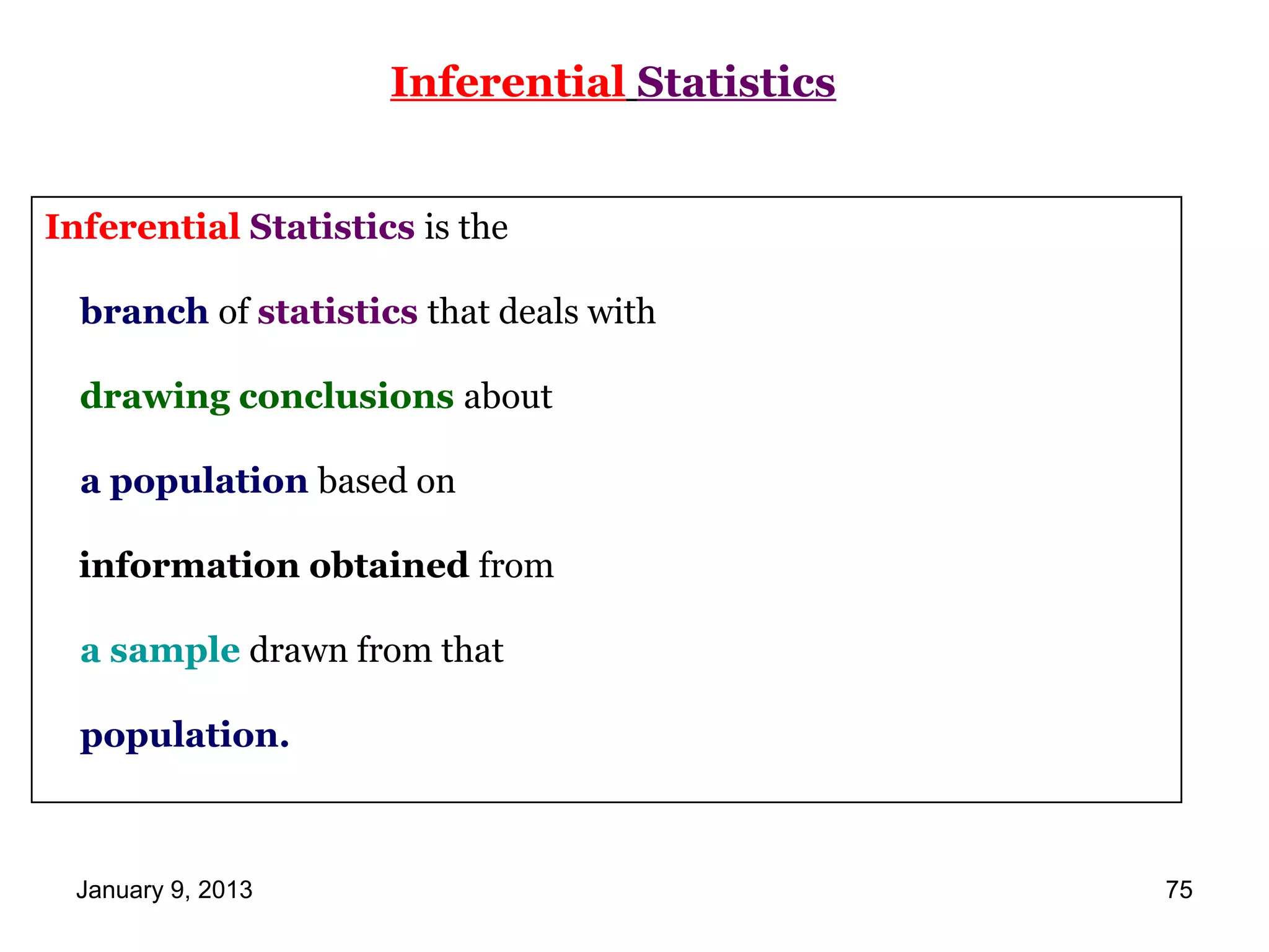 Inferential Statistics


Inferential Statistics is the

  branch of statistics that deals with

  drawing conclusions about

  a population based on

  information obtained from

  a sample drawn from that

  population.



 January 9, 2013                              75
 