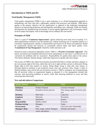 Indus World School of Business

Introduction to TQM and JIT

Total Quality Management (TQM)

   Total quality management (TQM) is not a mere technique; it is a broad management approach or
   methodology and more than that a philosophy, dealing with processes and attitudes. TQM places
   quality as the primary objective for the organization, as opposed to the traditional management
   objective of maximizing production and subsequently controlling costs. Although, TQM was initially
   developed for the manufacturing environment, it can be equally applicable to any environment, which
   involves inputs and outputs, such as knowledge service industry like universities.

   Principles of TQM

   There is a goal of ‘Continuous Improvement’ against achieving some static level of quality. It is
   about approaching excellence in an incremental way without increasing cost. It considers quality as a
   continuous ongoing process. Quality is responsibility and mission of all. Hence all employees should
   be continuously trained and motivate to consistently achieve better and better quality. Even
   ‘Commitment of Top Management’ should be visible and clear to all.

   Instead of reactive and person dependent system, TQM is a ‘Proactive Systematic Approach’. This
   means ‘prevention and immediate detection of errors and problems at root source’ is preferred over of
   ‘correction for problems after its occurrence’. Responsibility for quality takes place at the source.
   This feature demands ‘Quality Design’ rather than inspection of quality after poor design.

   The essence of TQM is the simple but extremely powerful belief that it is better and hence cheaper; to
   do every process right at first time, rather than not to do it right and then corrects it afterwards. Doing
   things right at first time requires no money. Doing things wrong is what only costs money, as
   allowing defective products to get produced wastes time and resources. Thus, longer it takes to
   identify problem, more will be the cost incurred to correct it. TQM is systematic way of guaranteeing
   that all activities within an organization happen as planned. It is the management attitude that
   concerns with preventing problems at source, rather than allowing problems to occur and then
   correcting them afterwards.

   New and old cultures Comparison:

    Quality Element              Traditional                          TQM
    Definition                   Product Oriented                     Customer Oriented
    Priorities                   Second to service and cost           First among equals of service and
                                                                      cost
    Decisions                    Short term                           Long term
    Emphasis                     Detection                            Prevention
    Errors                       Operations                           System
    Responsibility               Quality control                      Everyone
    Problem Solving              Managers                             Teams
    Procurement                  Price                                Life cycle costs, Partnership
    Manager’s Role               Plan, assign, control, Delegate,     facilitate and mentor
                                 coach, and enforce




                                                                    Total Quality Management & Just In Time
 