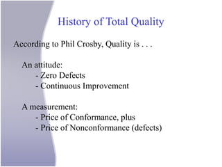 History of Total Quality
According to Phil Crosby, Quality is . . .
An attitude:
- Zero Defects
- Continuous Improvement
A measurement:
- Price of Conformance, plus
- Price of Nonconformance (defects)
 