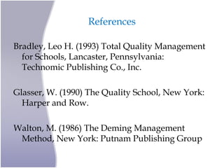 References
Bradley, Leo H. (1993) Total Quality Management
for Schools, Lancaster, Pennsylvania:
Technomic Publishing Co., Inc.
Glasser, W. (1990) The Quality School, New York:
Harper and Row.
Walton, M. (1986) The Deming Management
Method, New York: Putnam Publishing Group
 