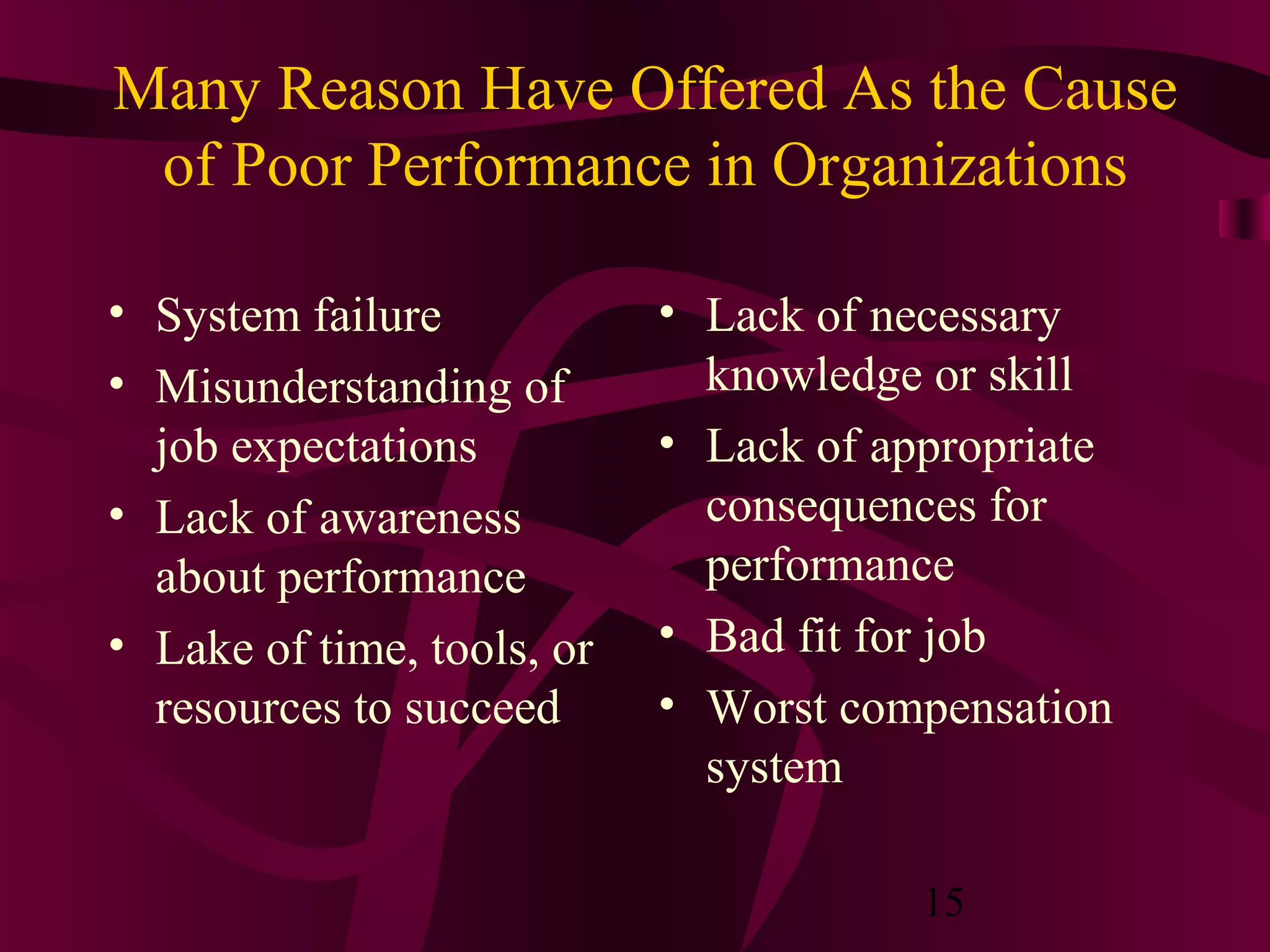 Many Reason Have Offered As the Cause
 of Poor Performance in Organizations

• System failure            • Lack of necessary
• Misunderstanding of         knowledge or skill
  job expectations          • Lack of appropriate
• Lack of awareness           consequences for
  about performance           performance
• Lake of time, tools, or   • Bad fit for job
  resources to succeed      • Worst compensation
                              system

                                        15
 