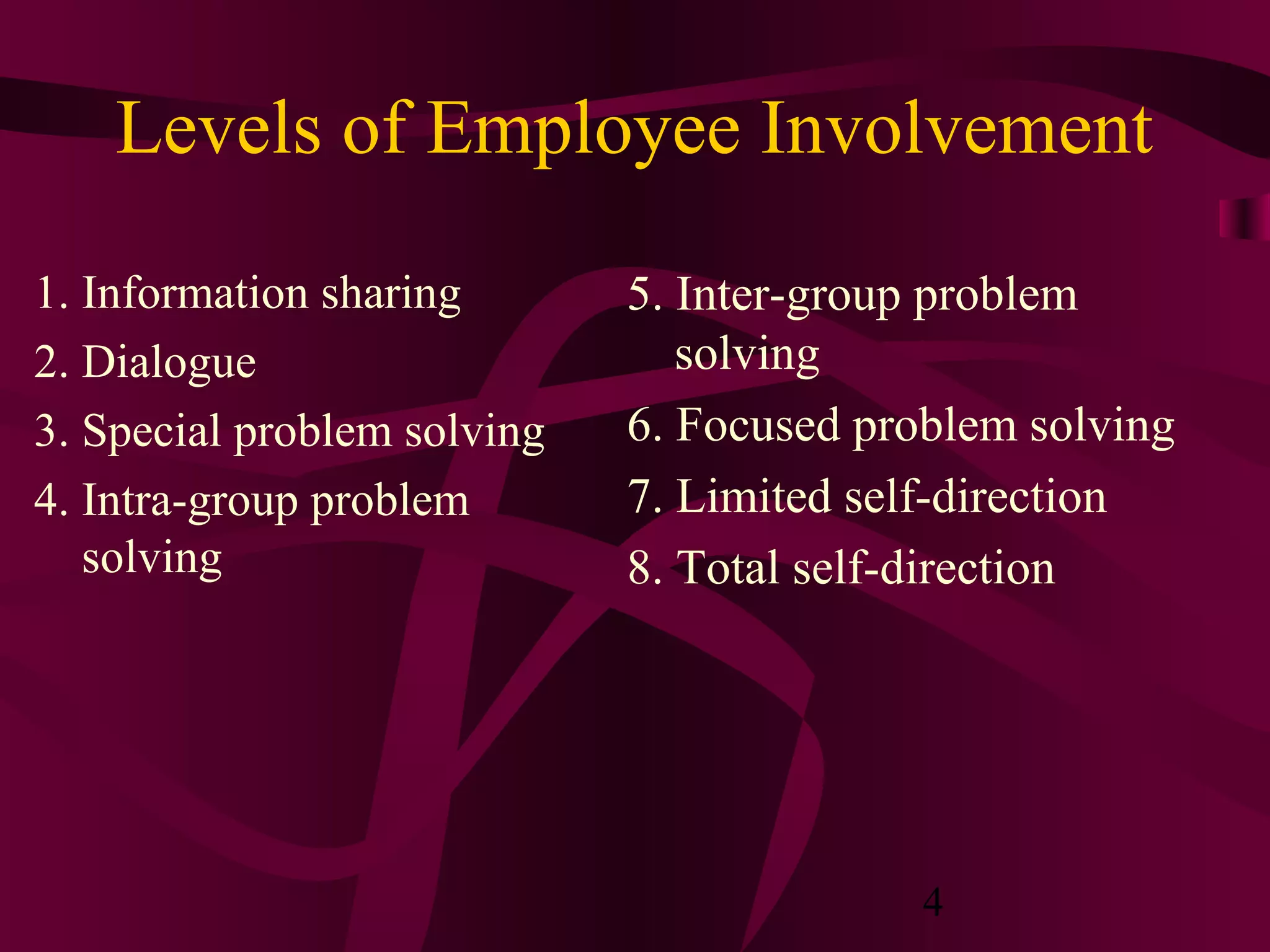 Levels of Employee Involvement

1. Information sharing       5. Inter-group problem
2. Dialogue                     solving
3. Special problem solving   6. Focused problem solving
4. Intra-group problem       7. Limited self-direction
   solving                   8. Total self-direction




                                           4
 