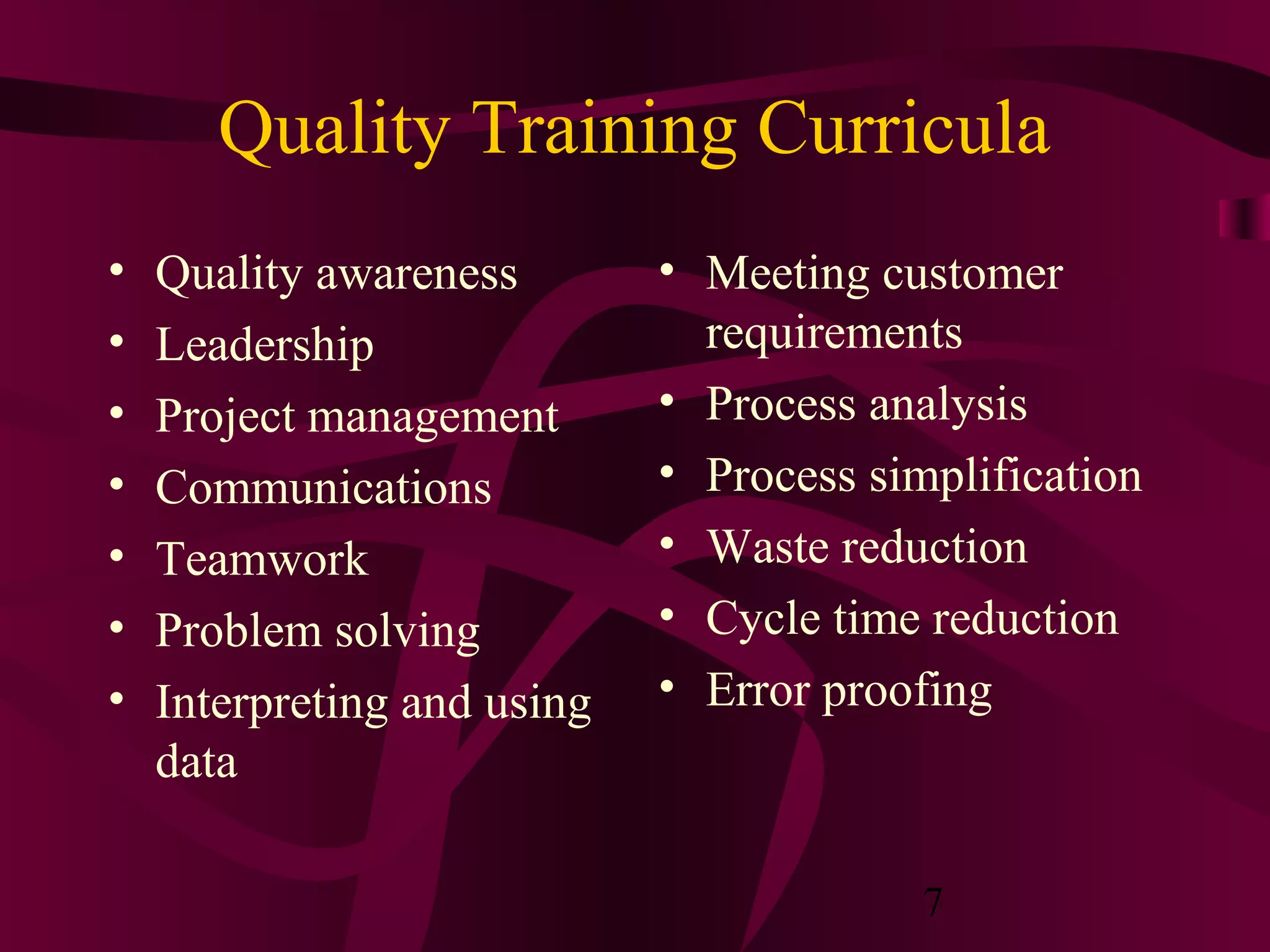 Quality Training Curricula
•   Quality awareness        • Meeting customer
•   Leadership                 requirements
•   Project management       • Process analysis
•   Communications           • Process simplification
•   Teamwork                 • Waste reduction
•   Problem solving          • Cycle time reduction
•   Interpreting and using   • Error proofing
    data

                                          7
 