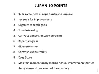 JURAN 10 POINTS
1. Build awareness of opportunities to improve
2. Set goals for improvements
3. Organize to reach goals
4. Provide training
5. Carryout projects to solve problems
6. Report progress
7. Give recognition
8. Communication results
9. Keep Score
10. Maintain momentum by making annual improvement part of
the system and processes of the company.
 
