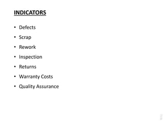 INDICATORS
• Defects
• Scrap
• Rework
• Inspection
• Returns
• Warranty Costs
• Quality Assurance
 