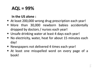 AQL = 99%
In the US alone :
 At least 200,000 wrong drug prescription each year!
 More than 30,000 newborn babies accidentally
dropped by doctors / nurses each year!
 Unsafe drinking water at least 4 days each year!
 No electricity, water, heat for about 15 minutes each
day!
 Newspapers not delivered 4 times each year!
 At least one misspelled word on every page of a
book!
 