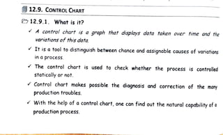productionprocess.
Wi
t
h t
h
e hel
pofa control chart,one can fi
n
d out t
h
e natural cbility
ofa
productiontroubles.
Control chart makes possible t
h
e diagnosis
and correction
of th
e ma
n
y
statically
or not
.
The control chart
is used
to check whether t
h
e process
is d
in
a process.
V It isa t
o
olto distinguish between chanceand assignablecauses
of s
time and
variations
of this data.
A con trol chart
is a graph that displays data taken ove
G12.9.1.What
is it
?
12.9. CONTROL CHART
 
