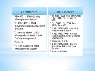 *ISO 9001 : 2008 Quality
Management System
*2. ISO 14001 : 2004
Environmental management
System
*3. OHSAS 18001 : 2007
Occupational Health and
Safety Management
*System
*4. TUV approved Total
Management System
* IS: 1786/2008 HSD Bar: Grade
: Fe - 415, Fe - 415D, Fe -
500,
* Fe - 500D, Fe - 550, Fe -
550D, Fe - 600
* 2. IS: 2062/2006 structural
Steel Grade E 250 A
* 3. IS: 2830/1992 - Carbon
Steel Cast Billet for General
Engineering
* Grades A, B & C
* 4. IS: 2831/2001 - Carbon
Steel Cast Billet for Low
Tensile
* Structural Steel
 
