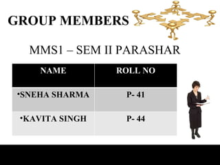 GROUP MEMBERS MMS1 – SEM II PARASHAR NAME ROLL NO SNEHA SHARMA P- 41 KAVITA SINGH P- 44 