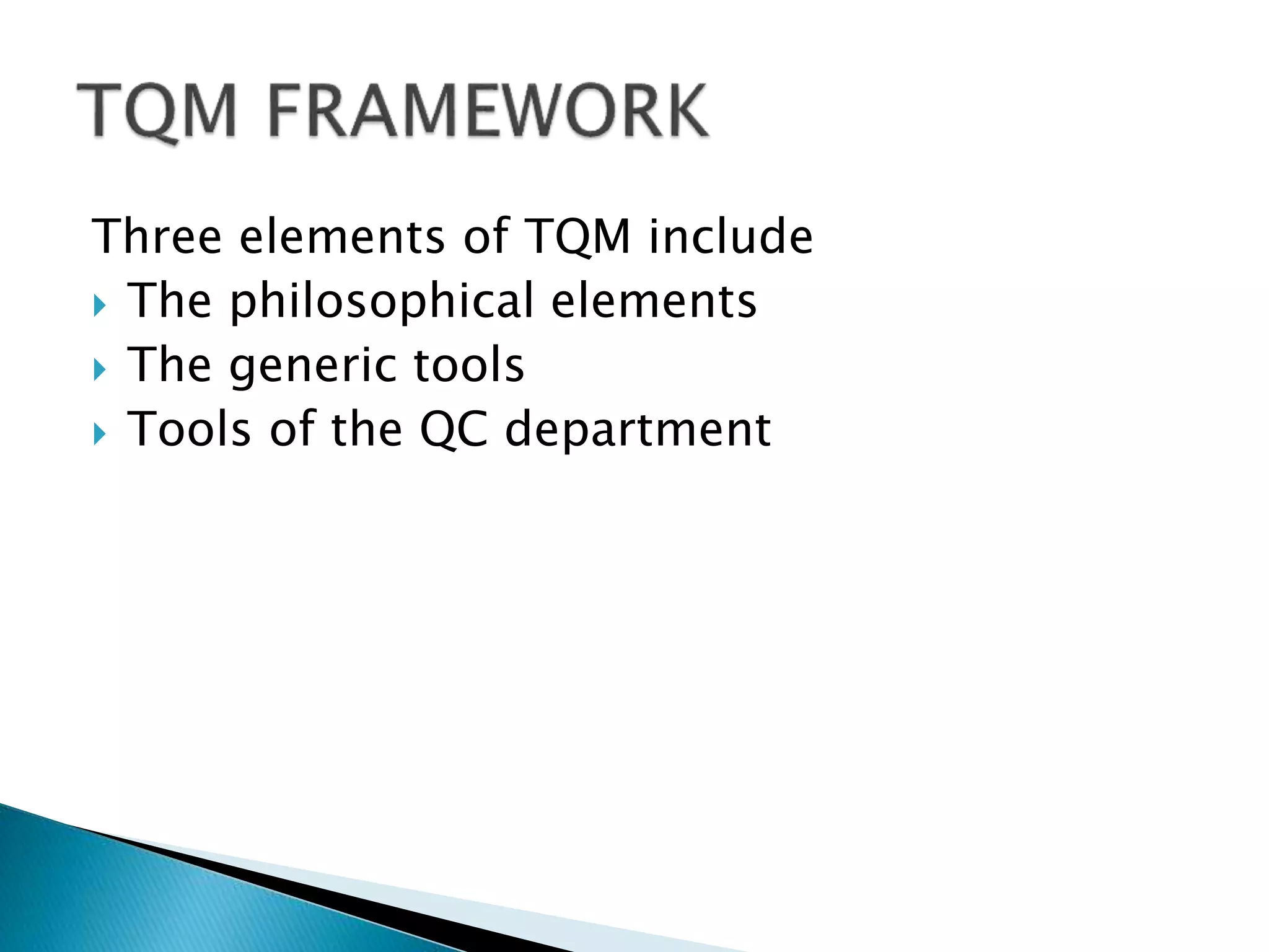 Three elements of TQM include
 The philosophical elements
 The generic tools
 Tools of the QC department

 