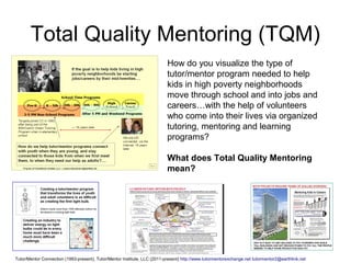 Total Quality Mentoring (TQM)
How do you visualize the type of
tutor/mentor program needed to help
kids in high poverty neighborhoods
move through school and into jobs and
careers…with the help of volunteers
who come into their lives via organized
tutoring, mentoring and learning
programs?
What does Total Quality Mentoring
mean?
Tutor/Mentor Connection (1993-present), Tutor/Mentor Institute, LLC (2011-present) http://www.tutormentorexchange.net tutormentor2@earthlink.net
 