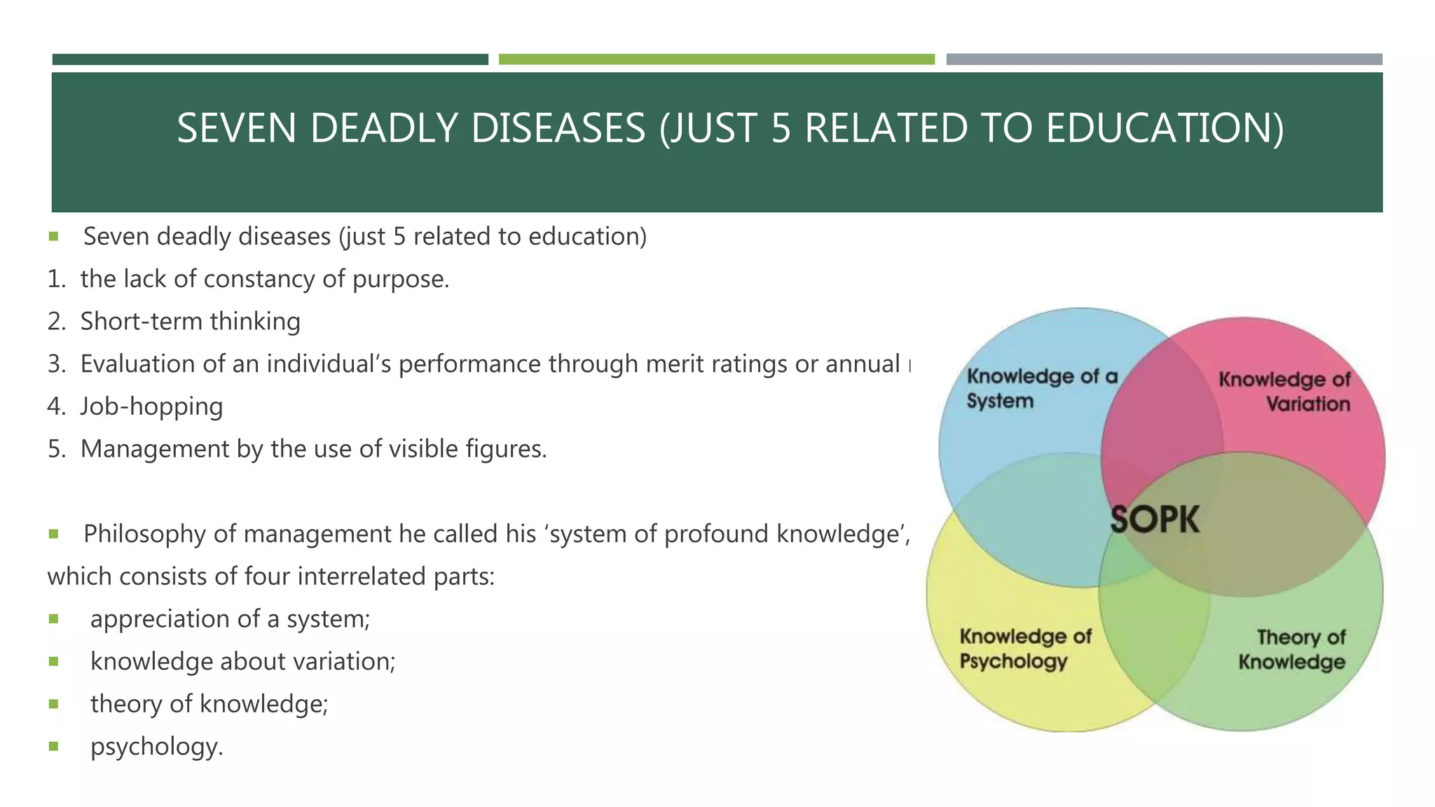 SEVEN DEADLY DISEASES (JUST 5 RELATED TO EDUCATION)
 Seven deadly diseases (just 5 related to education)
1. the lack of constancy of purpose.
2. Short-term thinking
3. Evaluation of an individual’s performance through merit ratings or annual review.
4. Job-hopping
5. Management by the use of visible figures.
 Philosophy of management he called his ‘system of profound knowledge’,
which consists of four interrelated parts:
 appreciation of a system;
 knowledge about variation;
 theory of knowledge;
 psychology.
 