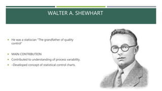 WALTER A. SHEWHART
 He was a statiscian “The grandfather of quality
control”
 MAIN CONTRIBUTION
 Contributed to understanding of process variability.
 –Developed concept of statistical control charts.
 