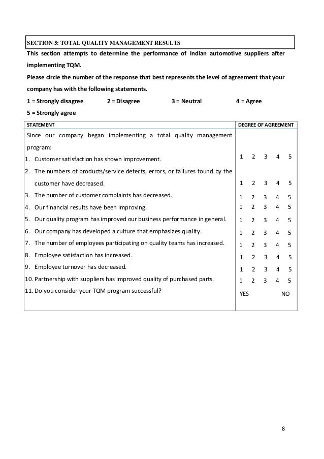 Tqm indian auto component questionnaire