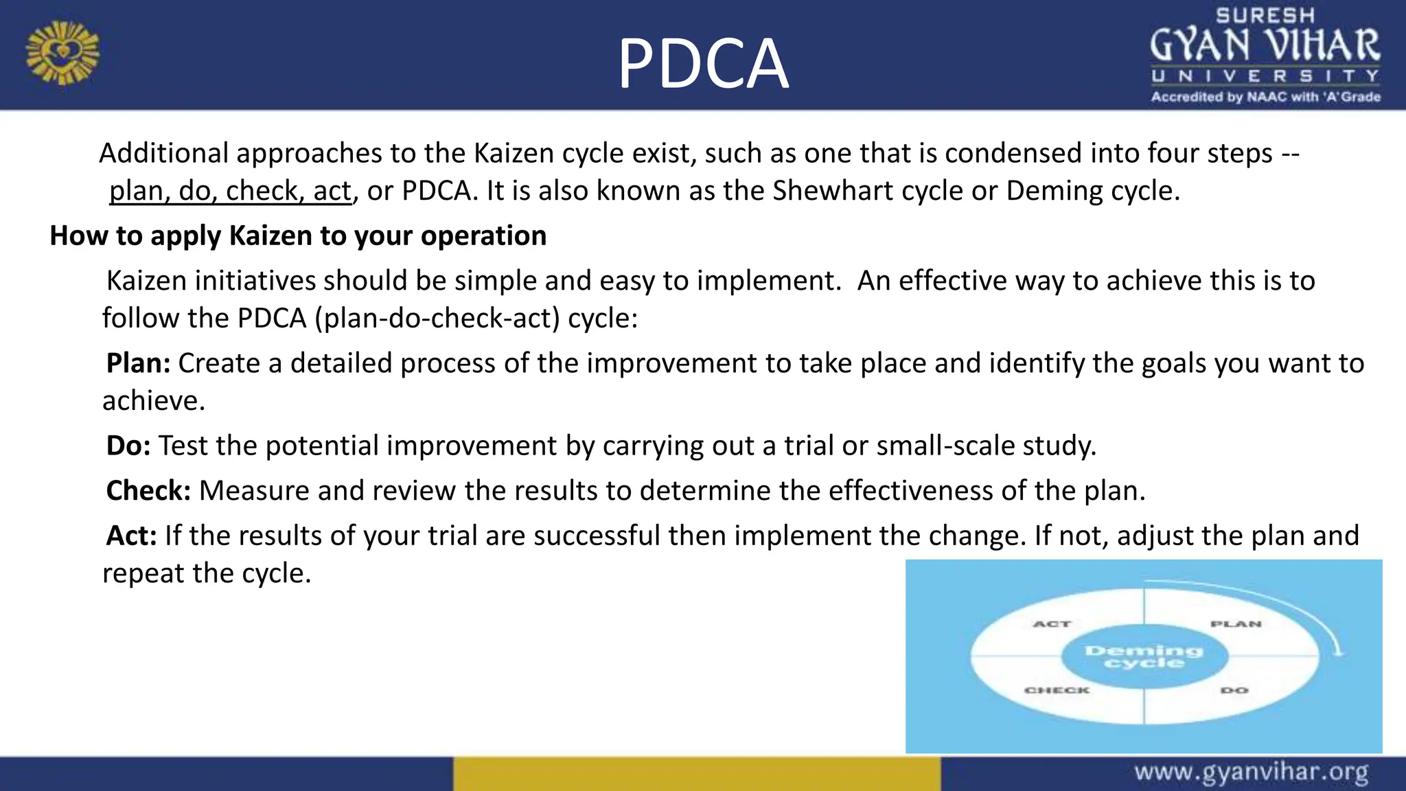 PDCA
Additional approaches to the Kaizen cycle exist, such as one that is condensed into four steps --
plan, do, check, act, or PDCA. It is also known as the Shewhart cycle or Deming cycle.
How to apply Kaizen to your operation
Kaizen initiatives should be simple and easy to implement. An effective way to achieve this is to
follow the PDCA (plan-do-check-act) cycle:
Plan: Create a detailed process of the improvement to take place and identify the goals you want to
achieve.
Do: Test the potential improvement by carrying out a trial or small-scale study.
Check: Measure and review the results to determine the effectiveness of the plan.
Act: If the results of your trial are successful then implement the change. If not, adjust the plan and
repeat the cycle.
 