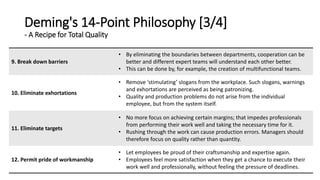 Deming's 14-Point Philosophy [3/4]
- A Recipe for Total Quality
9. Break down barriers
• By eliminating the boundaries between departments, cooperation can be
better and different expert teams will understand each other better.
• This can be done by, for example, the creation of multifunctional teams.
10. Eliminate exhortations
• Remove ‘stimulating’ slogans from the workplace. Such slogans, warnings
and exhortations are perceived as being patronizing.
• Quality and production problems do not arise from the individual
employee, but from the system itself.
11. Eliminate targets
• No more focus on achieving certain margins; that impedes professionals
from performing their work well and taking the necessary time for it.
• Rushing through the work can cause production errors. Managers should
therefore focus on quality rather than quantity.
12. Permit pride of workmanship
• Let employees be proud of their craftsmanship and expertise again.
• Employees feel more satisfaction when they get a chance to execute their
work well and professionally, without feeling the pressure of deadlines.
 