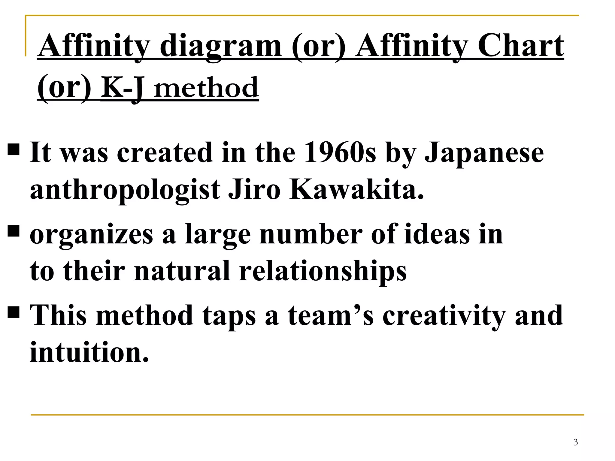 Affinity diagram (or) Affinity Chart (or)  K-J method   It was created in the 1960s by Japanese anthropologist Jiro Kawakita. organizes a large number of ideas in to their natural relationships This method taps a team’s creativity and intuition. 