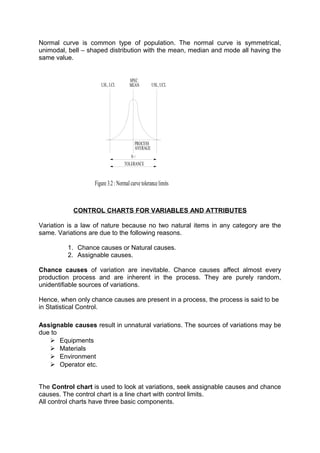 Normal curve is common type of population. The normal curve is symmetrical, 
unimodal, bell – shaped distribution with the mean, median and mode all having the 
same value. 
LSL, LCL 
6 
PROCESS 
AVERAGE 
TOLERANCE 
USL, UCL 
SPEC. 
MEAN 
Figure 3.2 : Normal curve tolerance limits 
CONTROL CHARTS FOR VARIABLES AND ATTRIBUTES 
Variation is a law of nature because no two natural items in any category are the 
same. Variations are due to the following reasons. 
1. Chance causes or Natural causes. 
2. Assignable causes. 
Chance causes of variation are inevitable. Chance causes affect almost every 
production process and are inherent in the process. They are purely random, 
unidentifiable sources of variations. 
Hence, when only chance causes are present in a process, the process is said to be 
in Statistical Control. 
Assignable causes result in unnatural variations. The sources of variations may be 
due to 
 Equipments 
 Materials 
 Environment 
 Operator etc. 
The Control chart is used to look at variations, seek assignable causes and chance 
causes. The control chart is a line chart with control limits. 
All control charts have three basic components. 
 