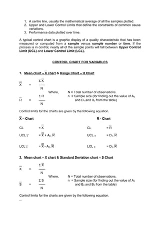 1. A centre line, usually the mathematical average of all the samples plotted. 
2. Upper and Lower Control Limits that define the constraints of common cause 
variations. 
3. Performance data plotted over time. 
A typical control chart is a graphic display of a quality characteristic that has been 
measured or computed from a sample versus sample number or time. If the 
process is in control, nearly all of the sample points will fall between Upper Control 
Limit (UCL) and Lower Control Limit (LCL). 
CONTROL CHART FOR VARIABLES 
1. Mean chart – X chart & Range Chart – R Chart 
S X 
X = ------ 
N 
Where, N = Total number of observations. 
S R n = Sample size (for finding out the value of A2 
R = ------ and D4 and D3 from the table) 
N 
Control limits for the charts are given by the following equation. 
X – Chart R - Chart 
CL = X CL = R 
UCL X = X + A2. R UCL R = D4. R 
LCL X = X - A2. R LCL R = D3. R 
2. Mean chart – X chart & Standard Deviation chart – S Chart 
S X 
X = ------ 
N 
Where, N = Total number of observations. 
S S n = Sample size (for finding out the value of A3 
S = ------ and B4 and B3 from the table) 
N 
Control limits for the charts are given by the following equation. 
 
