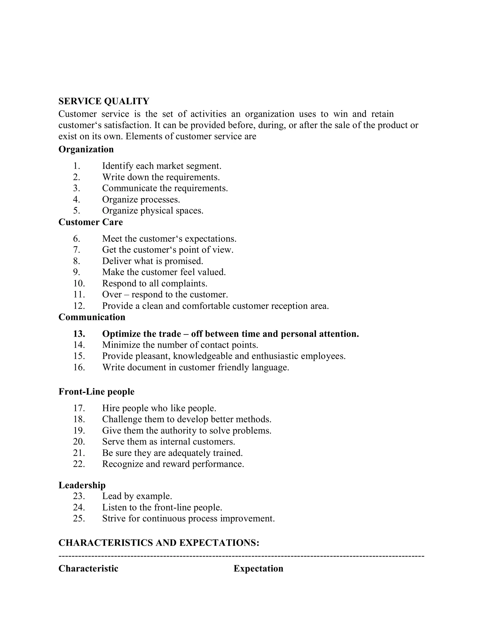 SERVICE QUALITY
Customer service is the set of activities an organization uses to win and retain
customer‘s satisfaction. It can be provided before, during, or after the sale of the product or
exist on its own. Elements of customer service are
Organization
1. Identify each market segment.
2. Write down the requirements.
3. Communicate the requirements.
4. Organize processes.
5. Organize physical spaces.
Customer Care
6. Meet the customer‘s expectations.
7. Get the customer‘s point of view.
8. Deliver what is promised.
9. Make the customer feel valued.
10. Respond to all complaints.
11. Over – respond to the customer.
12. Provide a clean and comfortable customer reception area.
Communication
13. Optimize the trade – off between time and personal attention.
14. Minimize the number of contact points.
15. Provide pleasant, knowledgeable and enthusiastic employees.
16. Write document in customer friendly language.
Front-Line people
17. Hire people who like people.
18. Challenge them to develop better methods.
19. Give them the authority to solve problems.
20. Serve them as internal customers.
21. Be sure they are adequately trained.
22. Recognize and reward performance.
Leadership
23. Lead by example.
24. Listen to the front-line people.
25. Strive for continuous process improvement.
CHARACTERISTICS AND EXPECTATIONS:
----------------------------------------------------------------------------------------------------------------
Characteristic Expectation
 