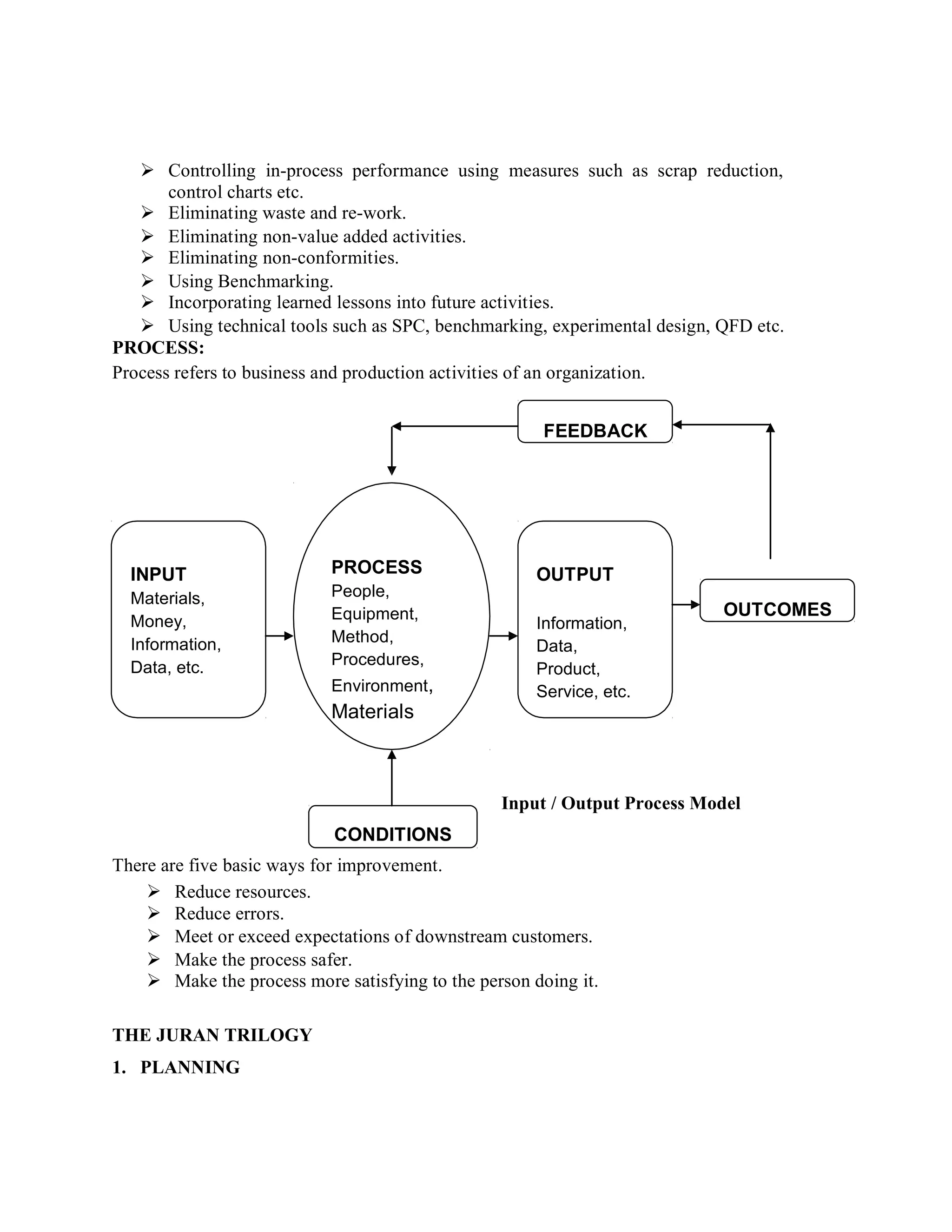  Controlling in-process performance using measures such as scrap reduction,
control charts etc.
 Eliminating waste and re-work.
 Eliminating non-value added activities.
 Eliminating non-conformities.
 Using Benchmarking.
 Incorporating learned lessons into future activities.
 Using technical tools such as SPC, benchmarking, experimental design, QFD etc.
PROCESS:
Process refers to business and production activities of an organization.
FEEDBACK
INPUT
Materials,
Money,
Information,
Data, etc.
PROCESS
People,
Equipment,
Method,
Procedures,
Environment,
Materials
OUTPUT
Information,
Data,
Product,
Service, etc.
OUTCOMES
CONDITIONS
There are five basic ways for improvement.
 Reduce resources.
 Reduce errors.
Input / Output Process Model
 Meet or exceed expectations of downstream customers.
 Make the process safer.
 Make the process more satisfying to the person doing it.
THE JURAN TRILOGY
1. PLANNING
 