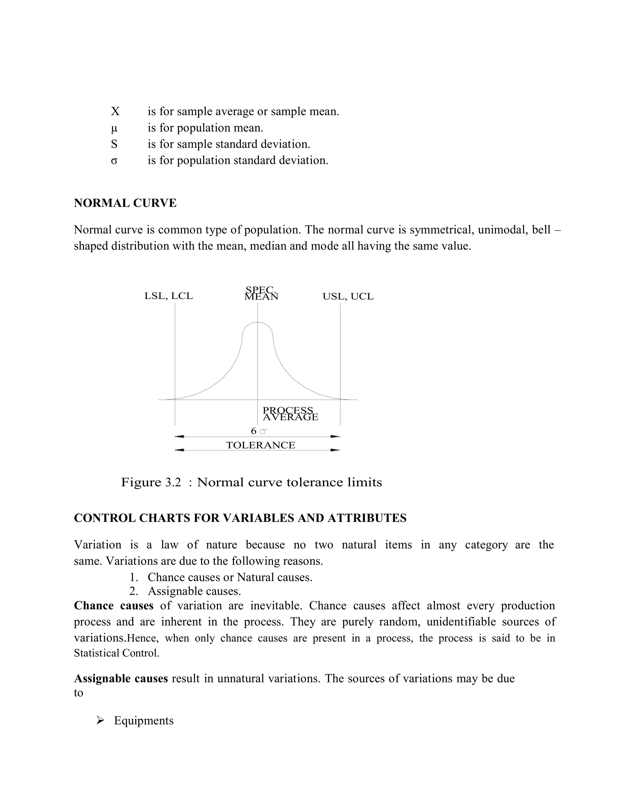 X is for sample average or sample mean.
µ is for population mean.
S is for sample standard deviation.
σ is for population standard deviation.
NORMAL CURVE
Normal curve is common type of population. The normal curve is symmetrical, unimodal, bell –
shaped distribution with the mean, median and mode all having the same value.
LSL, LCL
SPEC.
MEAN USL, UCL
PROCESS
AVERAGE
6
TOLERANCE
Figure 3.2 : Normal curve tolerance limits
CONTROL CHARTS FOR VARIABLES AND ATTRIBUTES
Variation is a law of nature because no two natural items in any category are the
same. Variations are due to the following reasons.
1. Chance causes or Natural causes.
2. Assignable causes.
Chance causes of variation are inevitable. Chance causes affect almost every production
process and are inherent in the process. They are purely random, unidentifiable sources of
variations.Hence, when only chance causes are present in a process, the process is said to be in
Statistical Control.
Assignable causes result in unnatural variations. The sources of variations may be due
to
 Equipments
 