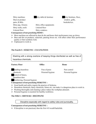 Dirty machines Dirty table & furniture Dirty furniture, floor,
Dust on product window, grills,
parts, R.Mtls. bookshelves.
Dirty jigs, fixtures Dirty office equipments
Dirty walls, roofs Littered floor
Littered floor Dirty windows
Consequences of not practicing SEISO :
 Most machines are affected by dust & dirt and hence their performance may go down.
 Dust and dirt on products, materials, packing boxes etc. will affect either their performance
quality or their aesthetic look.
 Unpleasant to work in.
The Fourth S : SEIKETSU : CLEANLINESS
Washing with a strong overtone of keeping things disinfected as well as free of
hazardous chemicals.
Factory Floor Office Home
Handling hazardous Free of pests Pest control
chemicals Personal hygiene Personal hygiene
Control of fumes,
hazardous dust.
Disinfecting, Personal hygiene
Consequences of not practicing SEIKETSU :
 Good health and safety require the practice of Seiketsu.
 Hazardous chemicals, dusty chemicals, fumes etc. can make it a dangerous place to work in.
 Washing thoroughly and cleaning a place makes the workplace pleasant.
 Personal hygiene is essential for healthy workforce.
The Fifth S : SHITSUKI : DISCIPLINE
Discipline especially with regard to safety rules and punctuality.
Consequences of not practicing SEIKETSU :
 If discipline is not practiced, then the first 4-S would backslide.
 