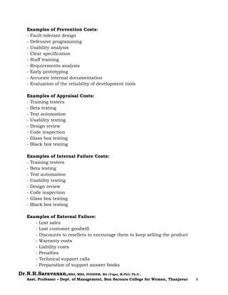 Dr.N.R.Saravanan,MBA, MBA, PGDHRM, MA (Yoga), M.Phil, Ph.D.,
Asst. Professor – Dept. of Management, Bon Secours College for Women, Thanjavur 6
Examples of Prevention Costs:
- Fault-tolerant design
- Defensive programming
- Usability analysis
- Clear specification
- Staff training
- Requirements analysis
- Early prototyping
- Accurate internal documentation
- Evaluation of the reliability of development tools
Examples of Appraisal Costs:
- Training testers
- Beta testing
- Test automation
- Usability testing
- Design review
- Code inspection
- Glass box testing
- Black box testing
Examples of Internal Failure Costs:
- Training testers
- Beta testing
- Test automation
- Usability testing
- Design review
- Code inspection
- Glass box testing
- Black box testing
Examples of External Failure:
- Lost sales
- Lost customer goodwill
- Discounts to resellers to encourage them to keep selling the product
- Warranty costs
- Liability costs
- Penalties
- Technical support calls
- Preparation of support answer books
 