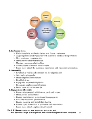 Dr.N.R.Saravanan,MBA, MBA, PGDHRM, MA (Yoga), M.Phil, Ph.D.,
Asst. Professor – Dept. of Management, Bon Secours College for Women, Thanjavur 71
1.Customer focus
 Understand the needs of existing and future customers
 Align organizational objectives with customer needs and expectations
 Meet customer requirements
 Measure customer satisfaction
 Manage customer relationships
 Aim to exceed customer expectations
 Learn more about the customer experience and customer satisfaction
2.Leadership
 Establish a vision and direction for the organization
 Set challenging goals
 Model organizational values
 Establish trust
 Equip and empower employees
 Recognize employee contributions
 Learn more about leadership
3.Engagement of people
 Ensure that people’s abilities are used and valued
 Make people accountable
 Enable participation in continual improvement
 Evaluate individual performance
 Enable learning and knowledge sharing
 Enable open discussion of problems and constraints
 Learn more about employee involvement
 