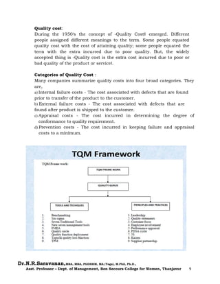 Dr.N.R.Saravanan,MBA, MBA, PGDHRM, MA (Yoga), M.Phil, Ph.D.,
Asst. Professor – Dept. of Management, Bon Secours College for Women, Thanjavur 9
Quality cost:
During the 1950‘s the concept of ―Quality Cost‖ emerged. Different
people assigned different meanings to the term. Some people equated
quality cost with the cost of attaining quality; some people equated the
term with the extra incurred due to poor quality. But, the widely
accepted thing is ―Quality cost is the extra cost incurred due to poor or
bad quality of the product or service‖.
Categories of Quality Cost :
Many companies summarize quality costs into four broad categories. They
are,
a) Internal failure costs - The cost associated with defects that are found
prior to transfer of the product to the customer.
b) External failure costs - The cost associated with defects that are
found after product is shipped to the customer.
c) Appraisal costs - The cost incurred in determining the degree of
conformance to quality requirement.
d) Prevention costs - The cost incurred in keeping failure and appraisal
costs to a minimum.
 
