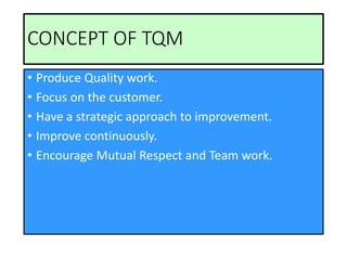 CONCEPT OF TQM
• Produce Quality work.
• Focus on the customer.
• Have a strategic approach to improvement.
• Improve continuously.
• Encourage Mutual Respect and Team work.
 