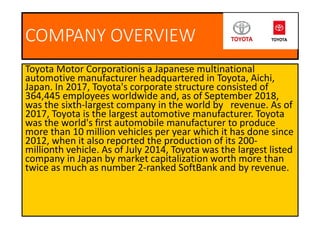 COMPANY OVERVIEW
Toyota Motor Corporationis a Japanese multinational
automotive manufacturer headquartered in Toyota, Aichi,
Japan. In 2017, Toyota's corporate structure consisted of
364,445 employees worldwide and, as of September 2018,
was the sixth-largest company in the world by revenue. As of
2017, Toyota is the largest automotive manufacturer. Toyota
was the world's first automobile manufacturer to produce
more than 10 million vehicles per year which it has done since
2012, when it also reported the production of its 200-
millionth vehicle. As of July 2014, Toyota was the largest listed
company in Japan by market capitalization worth more than
twice as much as number 2-ranked SoftBank and by revenue.
 