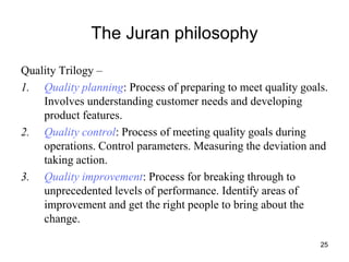 25
The Juran philosophy
Quality Trilogy –
1. Quality planning: Process of preparing to meet quality goals.
Involves understanding customer needs and developing
product features.
2. Quality control: Process of meeting quality goals during
operations. Control parameters. Measuring the deviation and
taking action.
3. Quality improvement: Process for breaking through to
unprecedented levels of performance. Identify areas of
improvement and get the right people to bring about the
change.
 