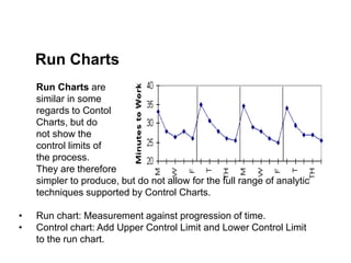 Run Charts are
similar in some
regards to Contol
Charts, but do
not show the
control limits of
the process.
They are therefore
simpler to produce, but do not allow for the full range of analytic
techniques supported by Control Charts.
• Run chart: Measurement against progression of time.
• Control chart: Add Upper Control Limit and Lower Control Limit
to the run chart.
Run Charts
 
