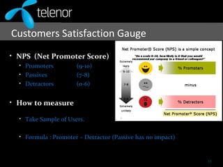 Customers Satisfaction Gauge
• NPS (Net Promoter Score)
• Promoters (9-10)
• Passives (7-8)
• Detractors (0-6)
• How to measure
• Take Sample of Users.
• Formula : Promoter – Detractor (Passive has no impact)
11
 