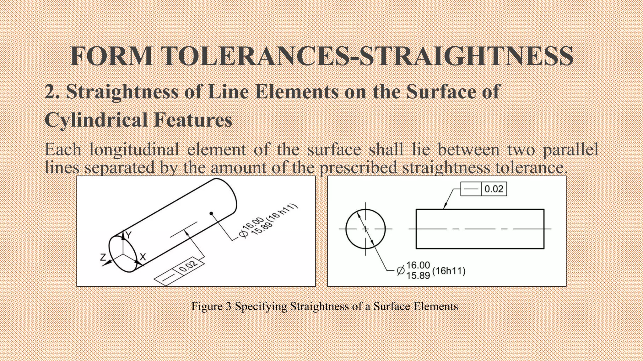 FORM TOLERANCES-STRAIGHTNESS
2. Straightness of Line Elements on the Surface of
Cylindrical Features
Each longitudinal element of the surface shall lie between two parallel
lines separated by the amount of the prescribed straightness tolerance.
Figure 3 Specifying Straightness of a Surface Elements
 