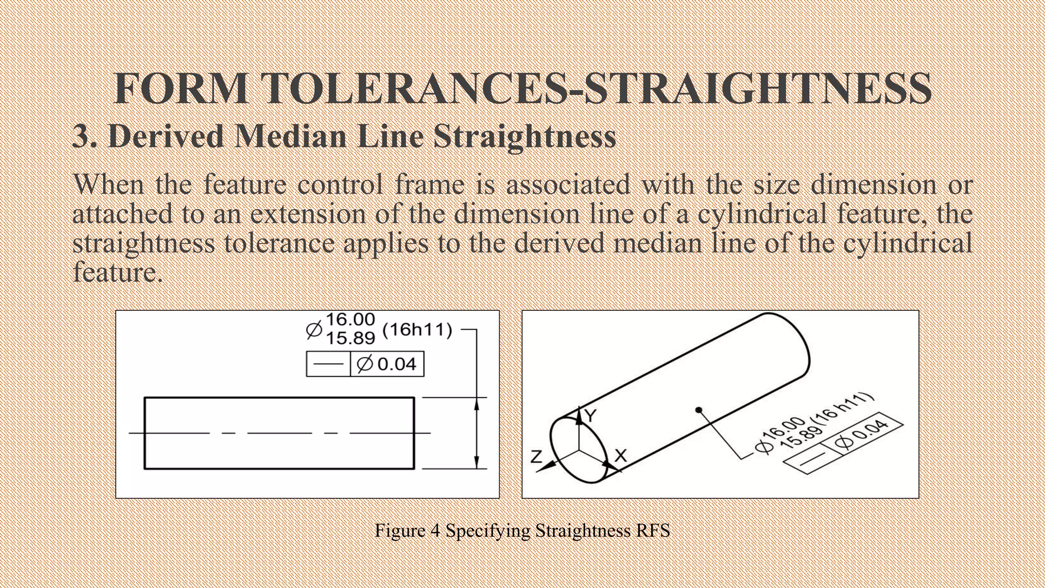 FORM TOLERANCES-STRAIGHTNESS
3. Derived Median Line Straightness
When the feature control frame is associated with the size dimension or
attached to an extension of the dimension line of a cylindrical feature, the
straightness tolerance applies to the derived median line of the cylindrical
feature.
Figure 4 Specifying Straightness RFS
 