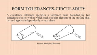 FORM TOLERANCES-CIRCULARITY
A circularity tolerance specifies a tolerance zone bounded by two
concentric circles within which each circular element of the surface shall
lie, and applies independently at any plane.
Figure 8 Specifying Circularity
 