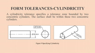 FORM TOLERANCES-CYLINDRICITY
A cylindricity tolerance specifies a tolerance zone bounded by two
concentric cylinders. The surface shall be within these two concentric
cylinders.
Figure 9 Specifying Cylindricity
 