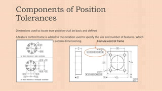 Components of Position
Tolerances
Dimensions used to locate true position shall be basic and defined
A feature control frame is added to the notation used to specify the size and number of features. Which
show different types of feature pattern dimensioning. Feature control frame
 