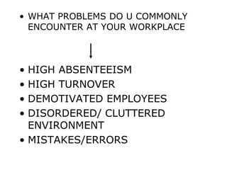 • WHAT PROBLEMS DO U COMMONLY
ENCOUNTER AT YOUR WORKPLACE
• HIGH ABSENTEEISM
• HIGH TURNOVER
• DEMOTIVATED EMPLOYEES
• DISORDERED/ CLUTTERED
ENVIRONMENT
• MISTAKES/ERRORS
 