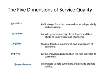 The Five Dimensions of Service Quality
Ability to perform the promised service dependably
and accurately.
Knowledge and courtesy of employees and their
ability to inspire trust and confidence.
Physical facilities, equipment, and appearance of
personnel.
Caring, individualized attention the firm provides its
customers.
Willingness to help customers and provide prompt
service.
Tangibles
Reliability
Responsiveness
Assurance
Empathy
 