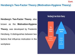 Herzberg’s Two-Factor Theory (Motivation-Hygiene Theory)
Herzberg’s Two-Factor Theory, also
known as the Motivation-Hygiene
Theory, was developed by Frederick
Herzberg. It distinguishes between two
factors that influence motivation in the
workplace
Cont.
 