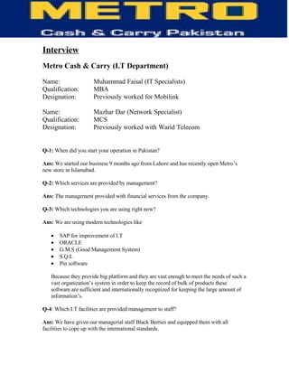 Information Technology of Metro (MCC)-  TQM