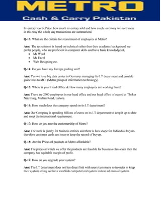 Information Technology of Metro (MCC)-  TQM