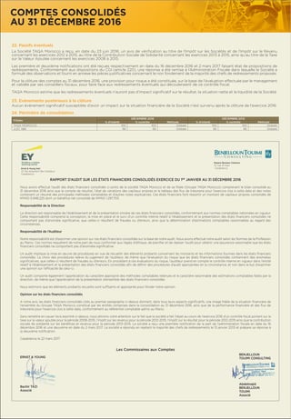 23. Evènements postérieurs à la clôture
22. Passifs éventuels
24. Périmètre de consolidation
Aucun évènement signiﬁcatif susceptible d’avoir un impact sur la situation ﬁnancière de la Société n’est survenu après la clôture de l’exercice 2016.
La Société TAQA Morocco a reçu, en date du 23 juin 2016, un avis de vériﬁcation au titre de l’Impôt sur les Sociétés et de l’Impôt sur le Revenu
concernant les exercices 2012 à 2015, au titre de la Contribution Sociale de Solidarité concernant les exercices 2013 à 2015, ainsi qu’au titre de la Taxe
sur la Valeur Ajoutée concernant les exercices 2008 à 2015.
Les première et deuxième notiﬁcations ont été reçues respectivement en date du 16 décembre 2016 et 2 mars 2017 faisant état de propositions de
redressements. Conformément aux dispositions du CGI (article 220), une réponse a été remise à l’Administration Fiscale dans laquelle la Société a
formulé des observations et fourni en annexe les pièces justiﬁcatives concernant le non fondement de la majorité des chefs de redressements proposés.
Pour la clôture des comptes au 31 décembre 2016, une provision pour risque a été constituée, sur la base de l’évaluation effectuée par le management
et validée par ses conseillers ﬁscaux, pour faire face aux redressements éventuels qui découleraient de ce contrôle ﬁscal.
TAQA Morocco estime que les redressements éventuels n’auront pas d’impact signiﬁcatif sur le résultat, la situation nette et la liquidité de la Société.
Filiales
DÉCEMBRE 2016 DÉCEMBRE 2015
% d’intérêt % contrôle Méthode % d’intérêt % contrôle Méthode
TAQA MOROCCO 100 100 Globale 100 100 Globale
JLEC 5&6 66 66 Globale 66 66 Globale
RAPPORT D’AUDIT SUR LES ÉTATS FINANCIERS CONSOLIDÉS EXERCICE DU 1ER
JANVIER AU 31 DÉCEMBRE 2016
Nous avons effectué l’audit des états ﬁnanciers consolidés ci-joints de la société TAQA Morocco et de sa ﬁliale (Groupe TAQA Morocco) comprenant le bilan consolidé au
31 décembre 2016 ainsi que le compte de résultat, l’état de variations des capitaux propres et le tableau des ﬂux de trésorerie pour l’exercice clos à cette date et des notes
contenant un résumé des principales méthodes comptables et d’autres notes explicatives. Ces états ﬁnanciers font ressortir un montant de capitaux propres consolidés de
KMAD 5.948.225 dont un bénéﬁce net consolidé de KMAD 1.297.703.
Responsabilité de la Direction
La direction est responsable de l’établissement et de la présentation sincère de ces états ﬁnanciers consolidés, conformément aux normes comptables nationales en vigueur.
Cette responsabilité comprend la conception, la mise en place et le suivi d’un contrôle interne relatif à l’établissement et la présentation des états ﬁnanciers consolidés ne
comportant pas d’anomalie signiﬁcative, que celles-ci résultent de fraudes ou d’erreurs, ainsi que la détermination d’estimations comptables raisonnables au regard des
circonstances.
Responsabilité de l’Auditeur
Notre responsabilité est d’exprimer une opinion sur ces états ﬁnanciers consolidés sur la base de notre audit. Nous avons effectué notre audit selon les Normes de la Profession
au Maroc. Ces normes requièrent de notre part de nous conformer aux règles d’éthique, de planiﬁer et de réaliser l’audit pour obtenir une assurance raisonnable que les états
ﬁnanciers consolidés ne comportent pas d’anomalie signiﬁcative.
Un audit implique la mise en œuvre de procédures en vue de recueillir des éléments probants concernant les montants et les informations fournies dans les états ﬁnanciers
consolidés. Le choix des procédures relève du jugement de l’auditeur, de même que l’évaluation du risque que les états ﬁnanciers consolidés contiennent des anomalies
signiﬁcatives, que celles-ci résultent de fraudes ou d’erreurs. En procédant à ces évaluations du risque, l’auditeur prend en compte le contrôle interne en vigueur dans l’entité
relatif à l’établissement et la présentation des états ﬁnanciers consolidés aﬁn de déﬁnir des procédures d’audit appropriées en la circonstance, et non dans le but d’exprimer
une opinion sur l’efﬁcacité de celui-ci.
Un audit comporte également l’appréciation du caractère approprié des méthodes comptables retenues et le caractère raisonnable des estimations comptables faites par la
direction, de même que l’appréciation de la présentation d’ensemble des états ﬁnanciers consolidés.
Nous estimons que les éléments probants recueillis sont sufﬁsants et appropriés pour fonder notre opinion.
Opinion sur les états ﬁnanciers consolidés
A notre avis, les états ﬁnanciers consolidés cités au premier paragraphe ci-dessus donnent, dans tous leurs aspects signiﬁcatifs, une image ﬁdèle de la situation ﬁnancière de
l’ensemble du Groupe TAQA Morocco constitué par les entités comprises dans la consolidation au 31 décembre 2016, ainsi que de la performance ﬁnancière et des ﬂux de
trésorerie pour l’exercice clos à cette date, conformément au référentiel comptable admis au Maroc.
Sans remettre en cause l’avis exprimé ci-dessus, nous attirons votre attention sur le fait que la société a fait l’objet au cours de l’exercice 2016 d’un contrôle ﬁscal portant sur la
taxe sur la valeur ajoutée pour la période 2008-2015, l’impôt sur les revenus pour la période 2012-2015, l’impôt sur le résultat pour la période 2012-2015 ainsi que la contribution
sociale de solidarité sur les bénéﬁces et revenus pour la période 2013-2015. La société a reçu une première notiﬁcation de la part de l’administration ﬁscale en date du 16
décembre 2016 et une deuxième en date du 2 mars 2017. La société a répondu en rejetant la majorité des chefs de redressements le 13 janvier 2013 et prépare sa réponse à
la deuxième notiﬁcation.
Casablanca le 22 mars 2017
Les Commissaires aux Comptes
ERNST & YOUNG
Bachir TAZI
Associé
Espace Bureaux Clarence
13, rue Al Kasr
CasablancaErnst & Young Sarl
37, Bd Abdellatif Ben Kaddour
Casablanca
BENJELLOUN
TOUIMI CONSULTING
Abdelmajid
BENJELLOUN
TOUIMI
Associé
COMPTES CONSOLIDÉS
AU 31 DÉCEMBRE 2016
 